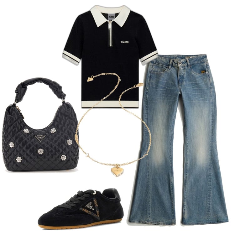 Outfit mujer - Años 70. Estilo años 70 para Todos los días. Combinación con sneakers, bolsos de mano, colgantes, vaqueros bootcut, polo.