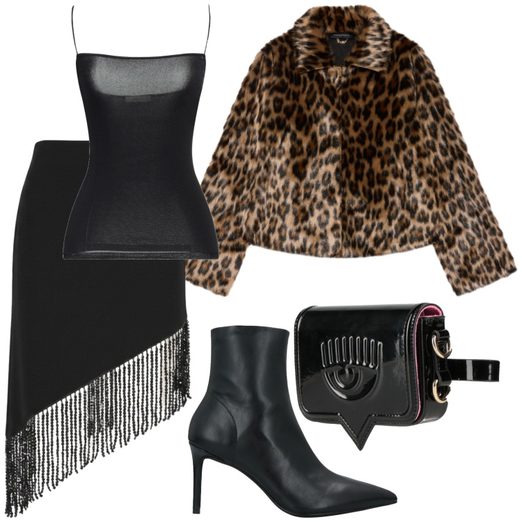 Outfit donna - Maculato style. Stile Trendy per Serata fuori. Abbinamento con blazer, gonne longuette, marsupi, top, stivaletti.