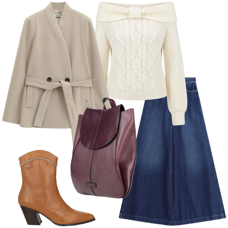 Outfit donna - Ottobre in denim. per Tutti i giorni. Abbinamento con jeans, blazer, maglieria, zaini, stivaletti.
