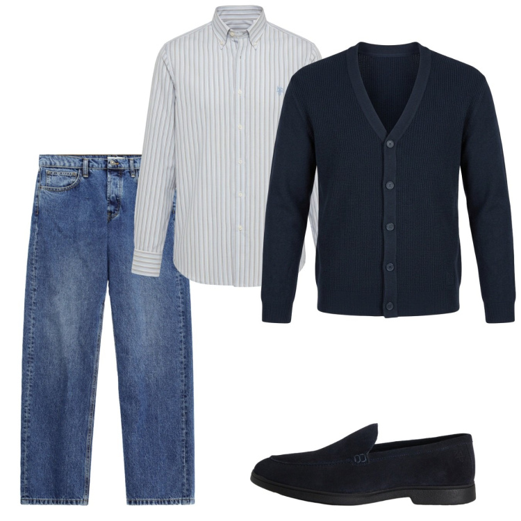 Outfit uomo - Ottobre. Stile Casual per Tutti i giorni. Abbinamento con scarpe stringate, camicie, cardigans, jeans.