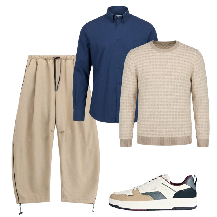 Outfit uomo - Ottobre comido. Stile Casual per Tutti i giorni. Abbinamento con camicie, sneakers, maglieria, pantaloni.