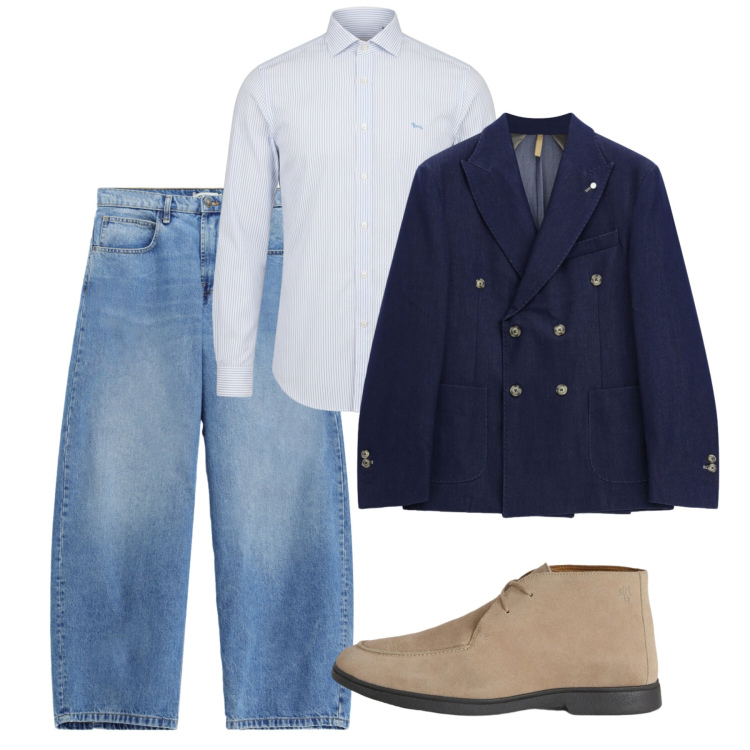 Outfit uomo - Doppiopetto sui jeans. Stile Casual per Tutti i giorni. Abbinamento con stivali e stivaletti, camicie, jeans, giacche.