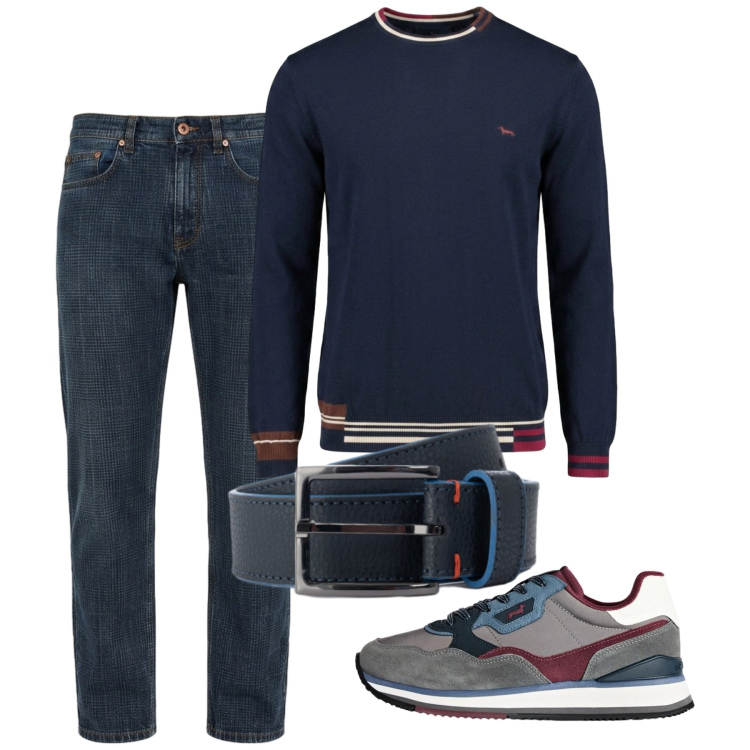 Outfit uomo - Ottobre. Stile Casual per Tutti i giorni. Abbinamento con maglieria, sneakers, cinture, jeans.