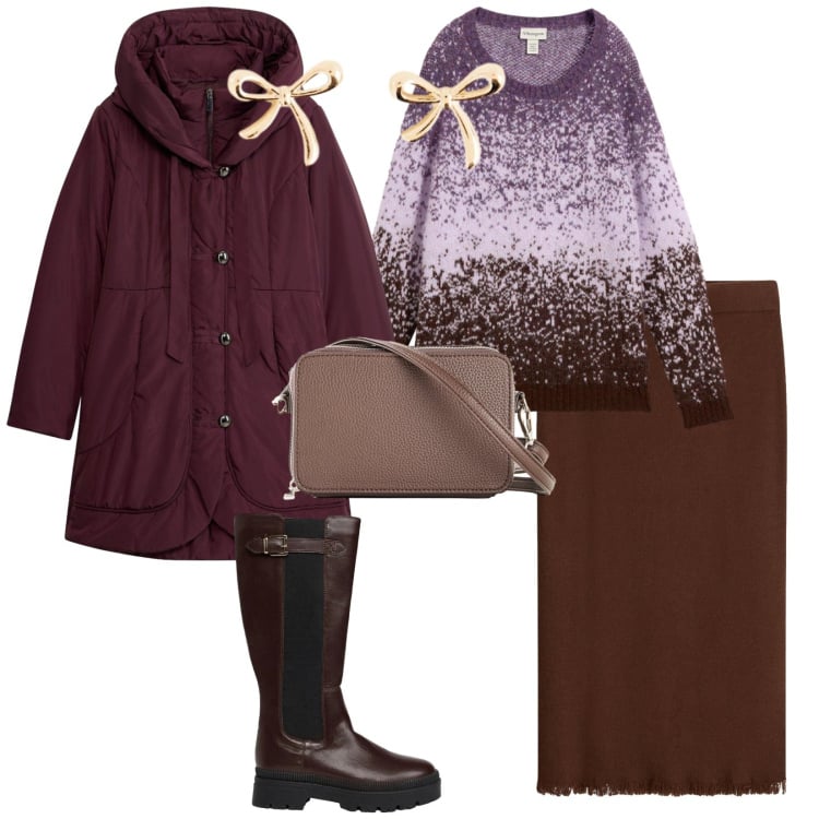 Outfit donna - Giornate fredde. per Tutti i giorni. Abbinamento con maglieria, stivali, gonne longuette, borse a tracolla, cappotti, orecchini.