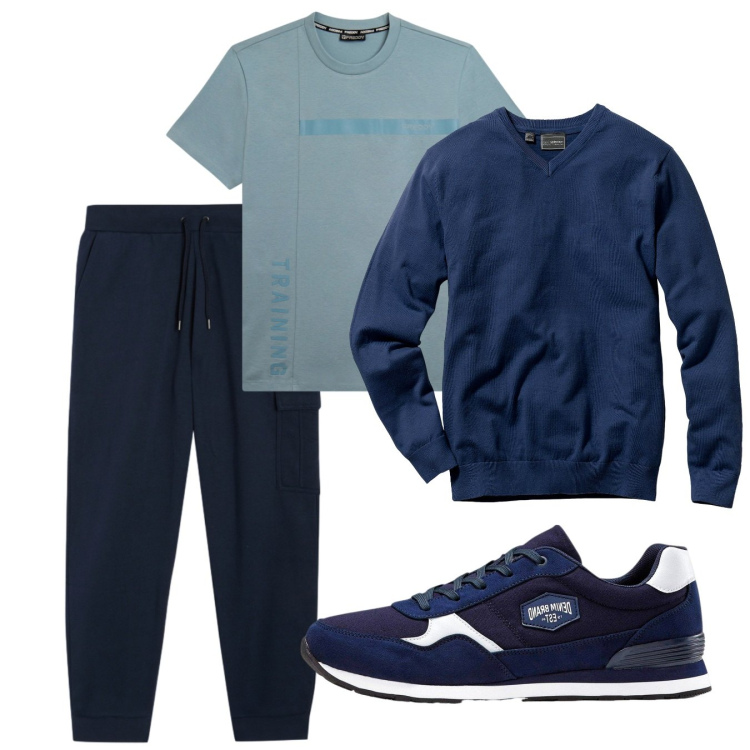 Outfit uomo - Blu sport. Stile Urban per Sport. Abbinamento con pantaloni cargo, t-shirt, maglieria, sneakers.
