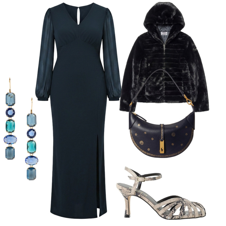 Outfit donna - Serate eleganti. per Serata fuori. Abbinamento con blazer, borse a spalla, orecchini, sandali in pelle, vestiti lunghi.