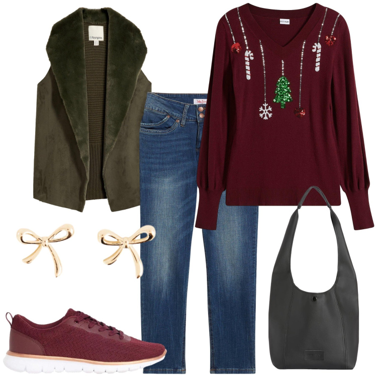 Outfit donna - Total look #2498711. Stile Casual chic per Tutti i giorni. Abbinamento con borse a spalla, piumini, maglieria, sneakers, jeans mom, orecchini.