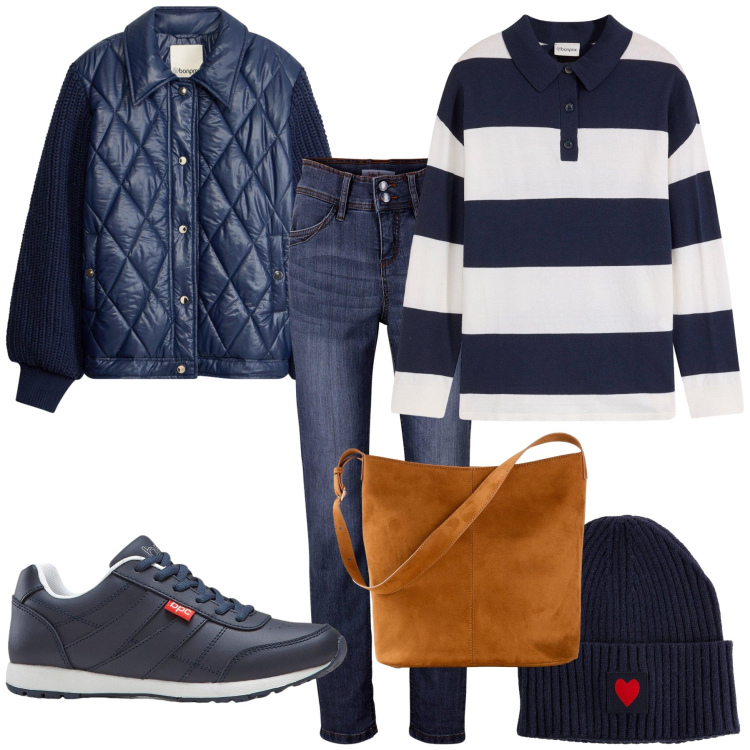 Outfit donna - Total look #2498717. Stile Casual chic per Tutti i giorni. Abbinamento con bomber, sneakers, maglieria, borse a mano, berretti, jeans slim fit.