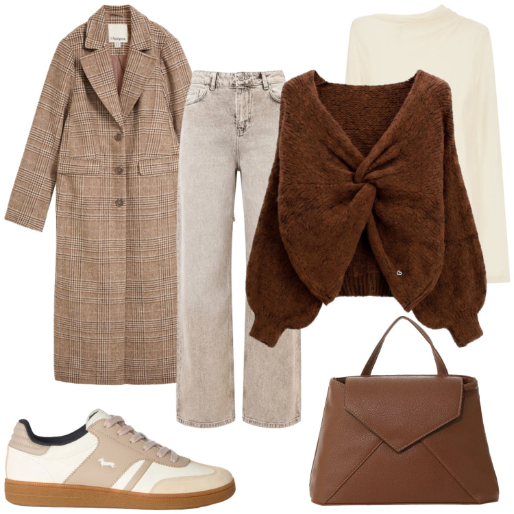 Outfit donna - Total look #2498723. Stile Glamour per Tutti i giorni. Abbinamento con sneakers, borse a mano, t-shirt, maglieria, jeans dritti, cappotti.