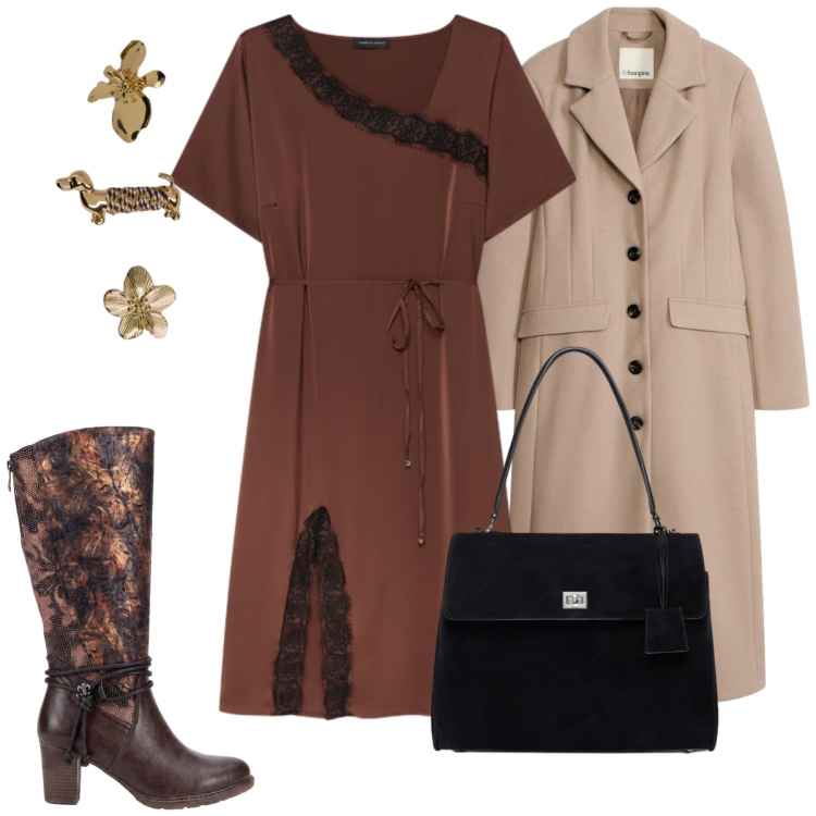 Outfit donna - Total look #2498724. Stile Casual chic per Tutti i giorni. Abbinamento con vestiti midi/longuette, borse a mano, portachiavi, stivali, cappotti.