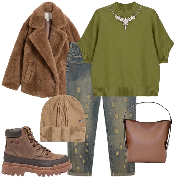 Outfit donna - Total look #2498725. Stile Casual chic per Tutti i giorni. Abbinamento con maglieria, jeans strappati, berretti, borse a mano, stivaletti, blazer.