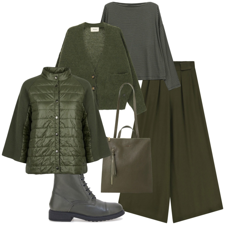 Outfit donna - Casual chic ufficio tempo libero. Stile Casual chic per Ufficio. Abbinamento con borse a tracolla, t-shirt, cardigans, pantaloni a palazzo, blazer, stivaletti.