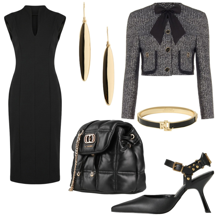 Outfit donna - Total look #2498735. Stile Chic per Ufficio. Abbinamento con braccialetti, orecchini, blazer, vestiti midi/longuette, valigie, décolleté.