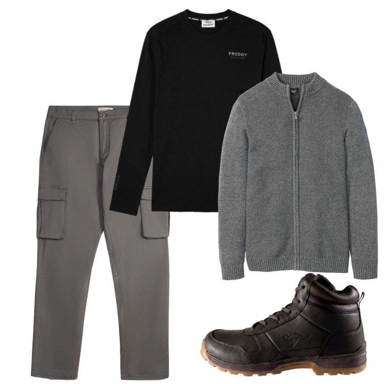 Outfit uomo - Freddo. Stile Casual per Tutti i giorni. Abbinamento con t-shirt, cardigans, pantaloni cargo, stivali e stivaletti.
