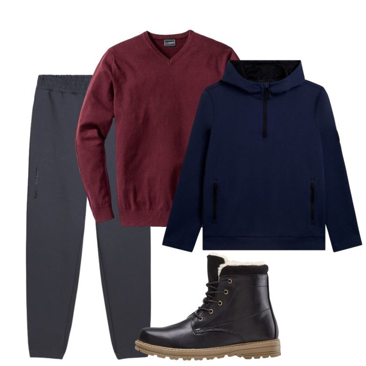 Outfit uomo - Weekend al freddo. Stile Casual per Tutti i giorni. Abbinamento con pantaloni, felpe con cappuccio, maglieria, stivali e stivaletti.