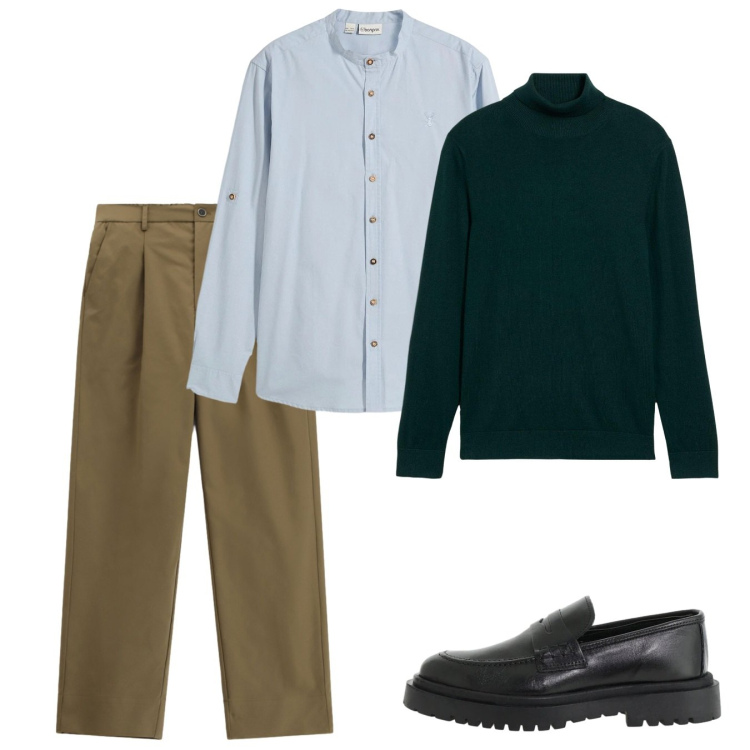 Outfit uomo - Ottobre. Stile Casual per Tutti i giorni. Abbinamento con scarpe stringate, pantaloni, camicie, maglieria.