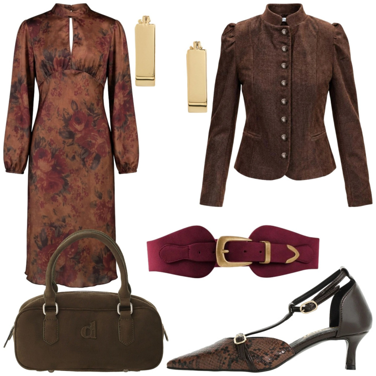 Outfit donna - Total look #2498742. Stile Boho per Serata fuori. Abbinamento con blazer, décolleté, orecchini, borse a mano, vestiti midi/longuette, cinture.
