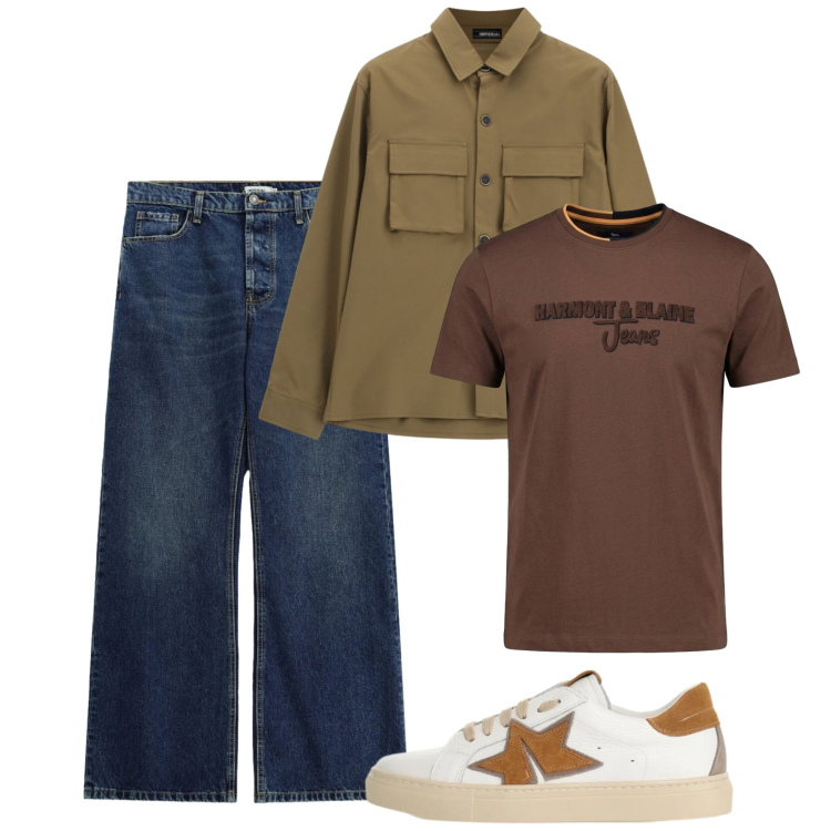 Outfit uomo - Flare denim e marrone. Stile Casual per Tutti i giorni. Abbinamento con t-shirt, jeans, sneakers, cappotti.