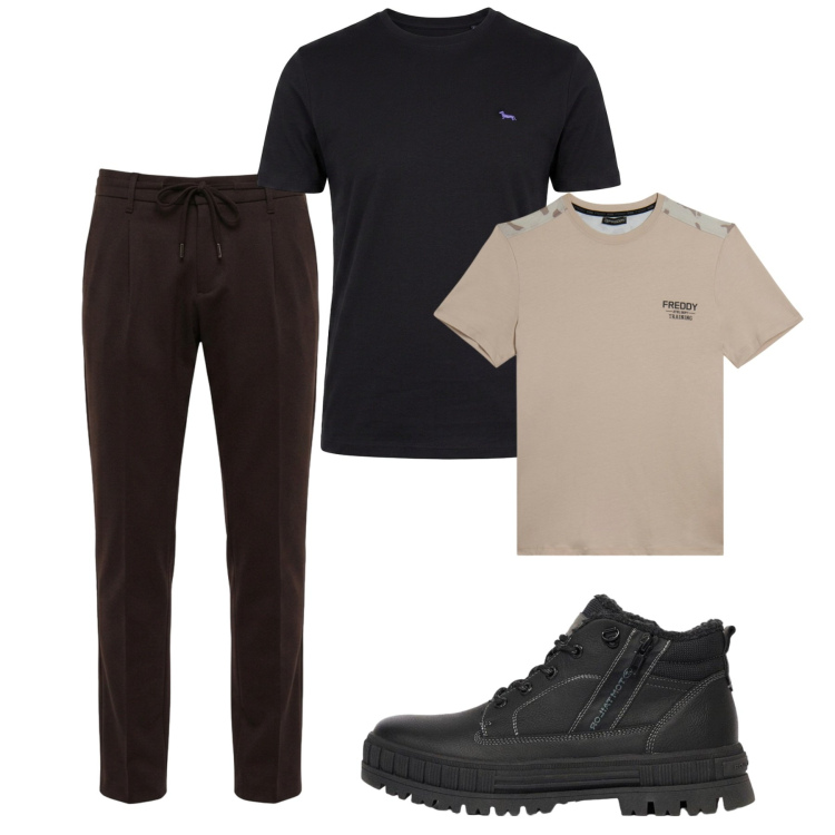 Outfit uomo - Ottobre. Stile Casual per Tutti i giorni. Abbinamento con t-shirt, pantaloni, t-shirt, stivali e stivaletti.