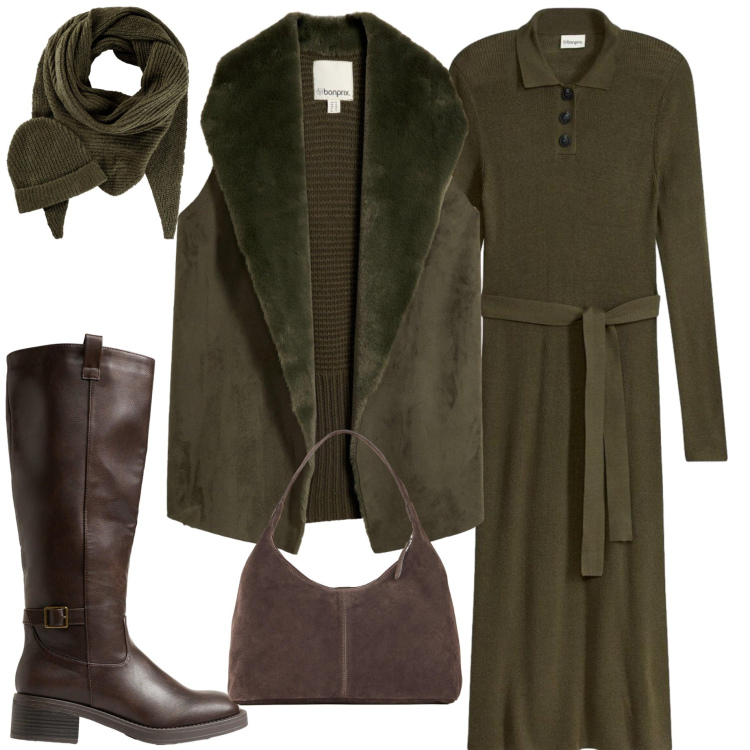Outfit donna - Verde bosco. Stile Urban per Tutti i giorni. Abbinamento con shopping bag, piumini, sciarpe, vestiti midi/longuette, stivali.