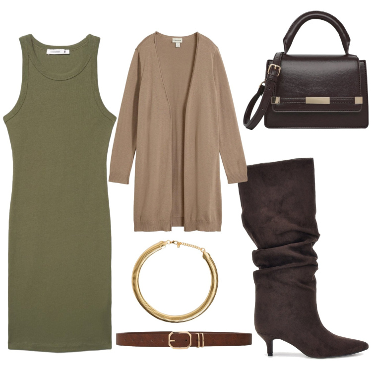Outfit donna - Total look #2498758. Stile Casual per Serata fuori. Abbinamento con collane, vestiti midi/longuette, borse a tracolla, cinture, stivali sopra il ginocchio, cardigans.