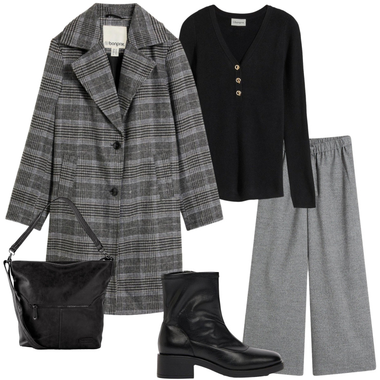 Outfit donna - Urban autunnale. Stile Urban per Tutti i giorni. Abbinamento con borse a tracolla, stivaletti, cappotti, pantaloni a palazzo, maglieria.