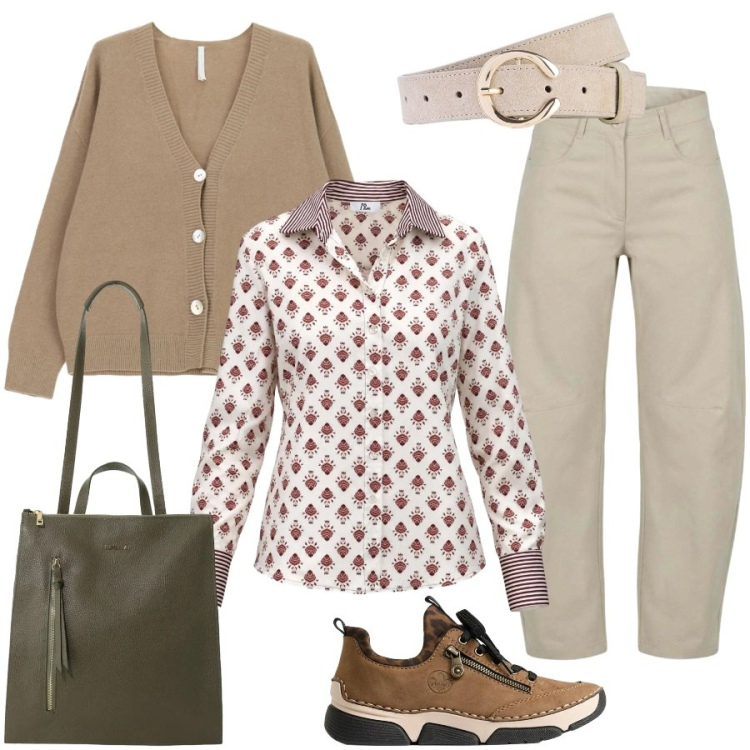 Outfit donna - Comoda ma non banale. Stile Casual chic per Tutti i giorni. Abbinamento con camicie, pantaloni, borse a tracolla, cardigans, cinture, sneakers.