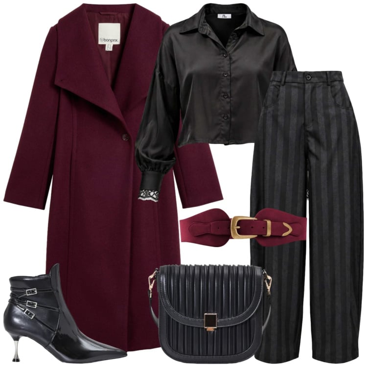 Outfit donna - Serata fuori. Stile Trendy per Serata fuori. Abbinamento con camicie, pantaloni, borse a tracolla, stivaletti, cappotti, cinture.