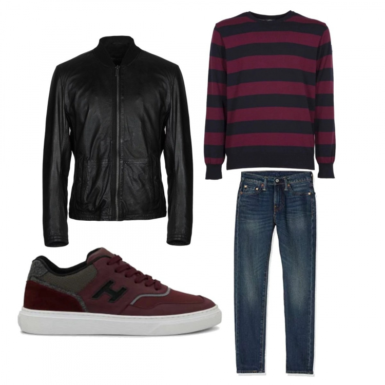 Outfit uomo - Special dad!!!. Stile Casual per Tutti i giorni. Abbinamento con giubbotto collo tondo a maniche lunghe con zip interno foderato in cotone tinta unita.