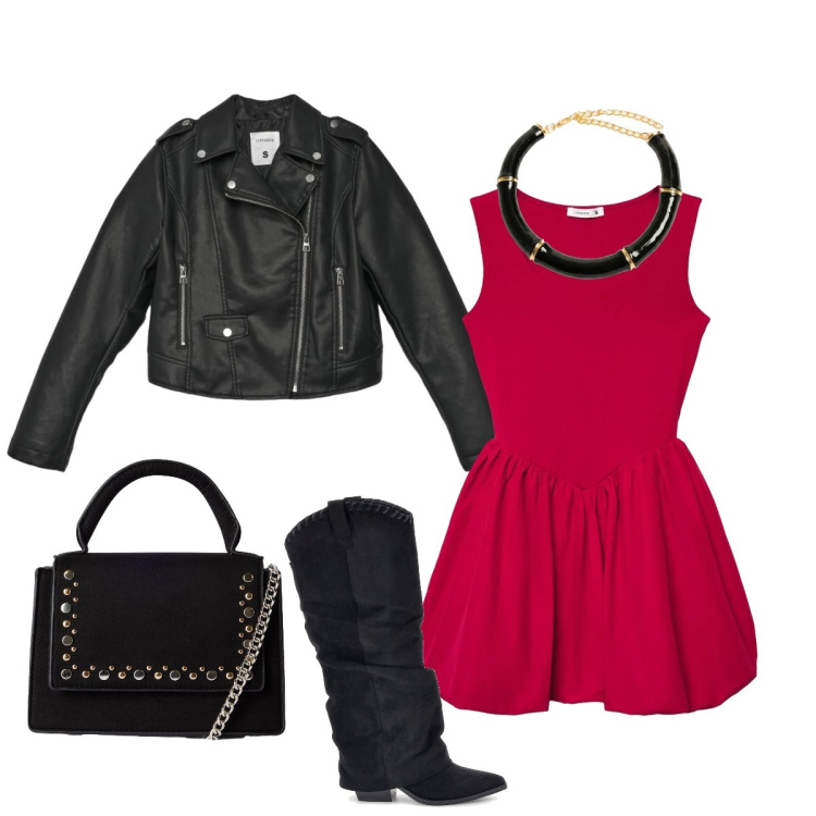 Outfit donna - Red passion. Stile Rock per Serata fuori. Abbinamento con collane, borse a tracolla, giacche, vestiti corti, stivali.