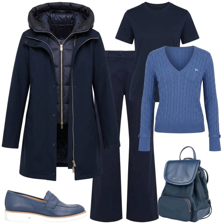 Outfit donna - Sporty chic ufficio tempo libero. Stile Sporty chic per Ufficio. Abbinamento con maglieria, pantaloni, cappotti, t-shirt, mocassini, zaini.