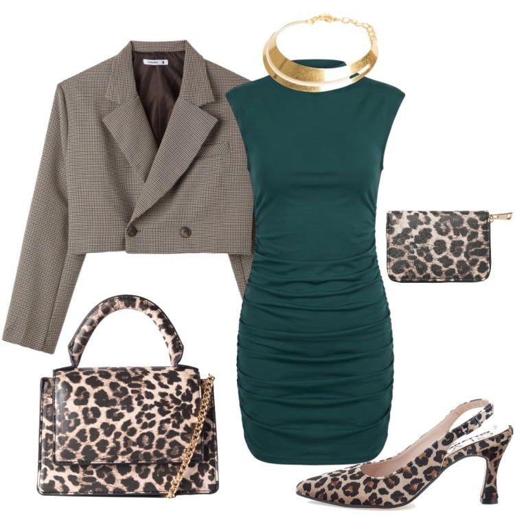 Outfit donna - Emerald instinct. Stile Chic per Serata fuori. Abbinamento con vestiti corti, collane, borse a tracolla, portafogli, blazer, décolleté.
