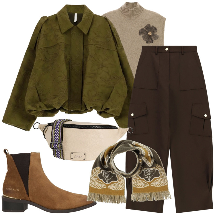 Outfit donna - Casual. Stile Casual per Tutti i giorni. Abbinamento con bomber, pantaloni cargo, maglieria, marsupi, sciarpe, stivaletti texani.