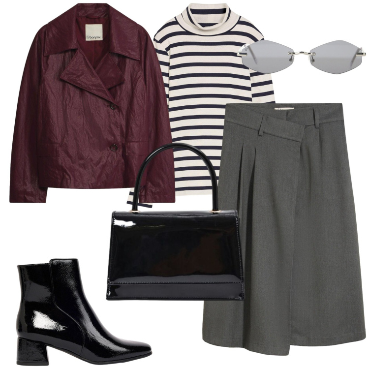Outfit donna - La maglia a righe. per Tutti i giorni. Abbinamento con occhiali da sole, borse a mano, maglieria, blazer, gonne longuette, stivaletti.