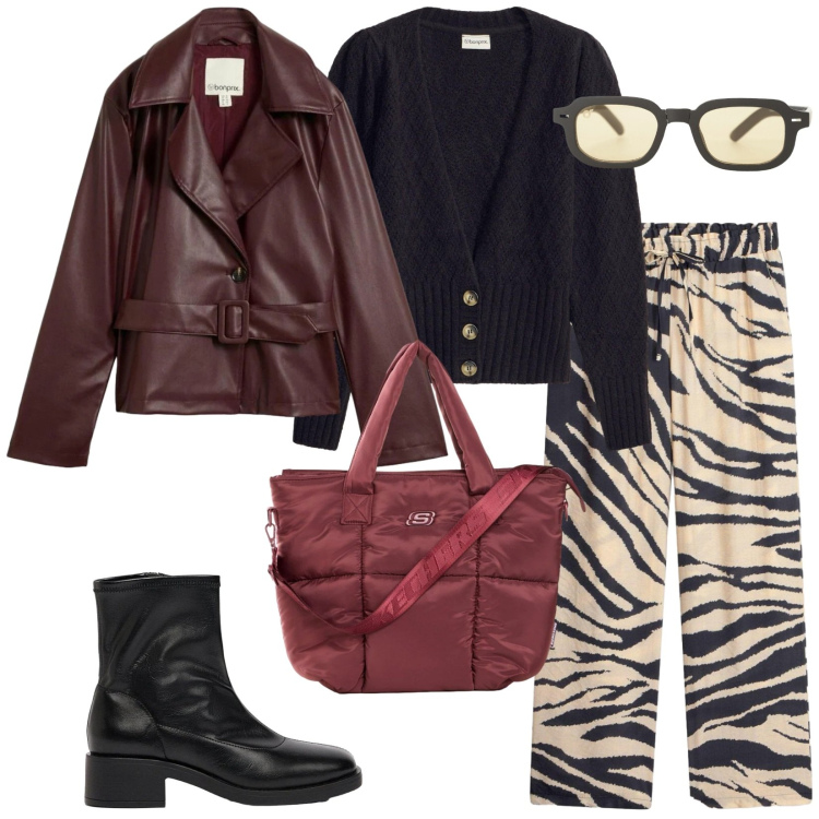 Outfit donna - Bordeaux. per Scuola/Università. Abbinamento con occhiali da sole, shopping bag, cardigans, pantaloni a palazzo, stivaletti, trench.
