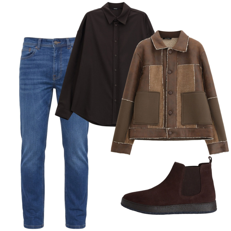 Outfit uomo - Autunno in marrone. Stile Casual per Tutti i giorni. Abbinamento con stivali e stivaletti, jeans, camicie, cappotti.