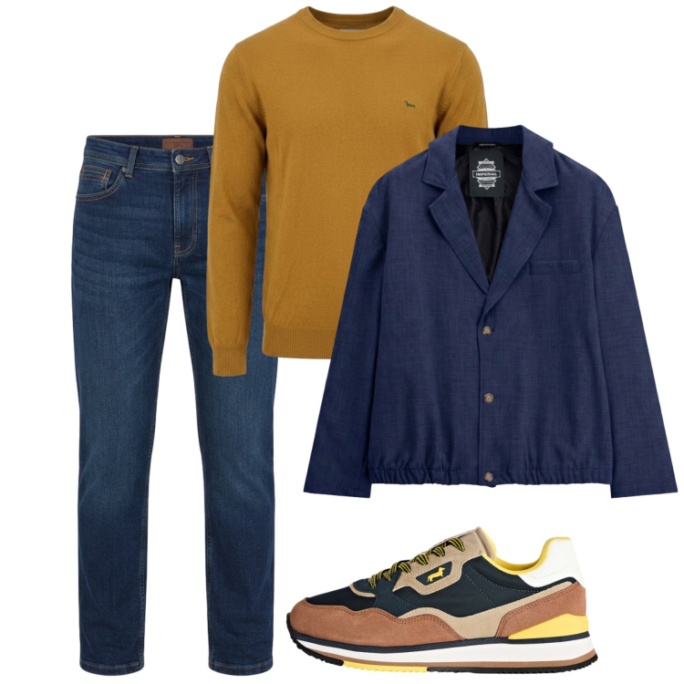 Outfit uomo - Curcuma e blu. Stile Casual per Tutti i giorni. Abbinamento con jeans, sneakers, maglieria, giacche.