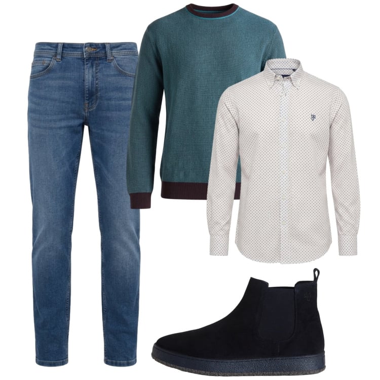 Outfit uomo - Ottobre. Stile Casual per Tutti i giorni. Abbinamento con camicie, maglieria, jeans, stivali e stivaletti.