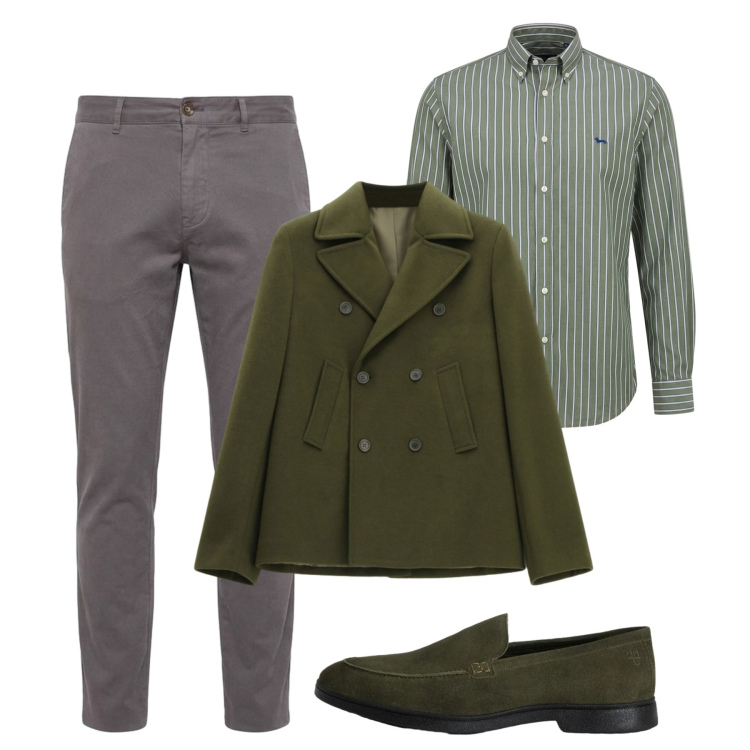 Outfit uomo - Ottobre. Stile Casual per Tutti i giorni. Abbinamento con camicie, scarpe stringate, pantaloni, caban.