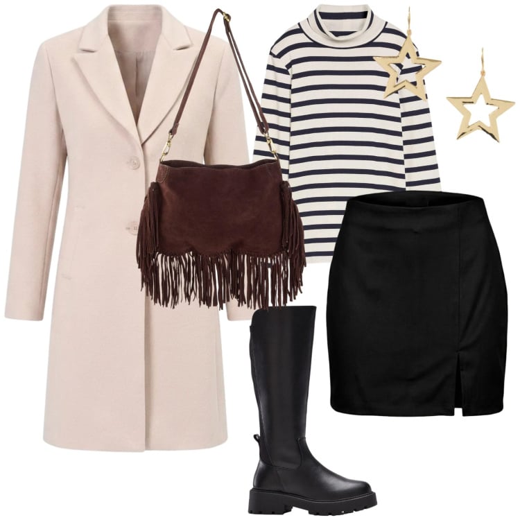 Outfit donna - Per il giorno. per Tutti i giorni. Abbinamento con minigonne, orecchini, cappotti, stivali, maglieria, borse a tracolla.