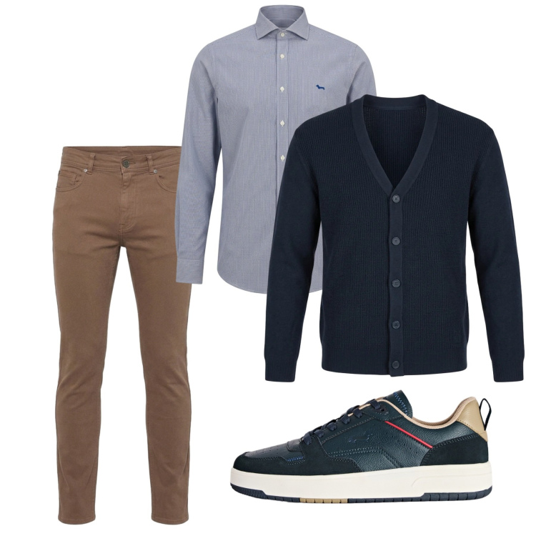 Outfit uomo - Ottobre. Stile Casual per Tutti i giorni. Abbinamento con camicie, pantaloni, sneakers, cardigans.