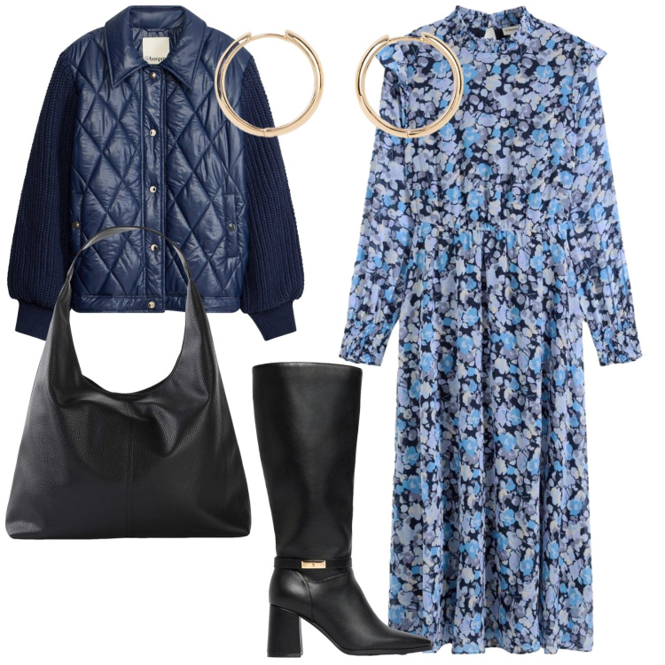 Outfit donna - Per il giorno. per Tutti i giorni. Abbinamento con vestiti midi/longuette, shopping bag, orecchini, stivali, bomber.