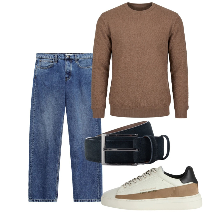 Outfit uomo - Ottobre. Stile Casual per Tutti i giorni. Abbinamento con sneakers, maglieria, cinture, jeans.