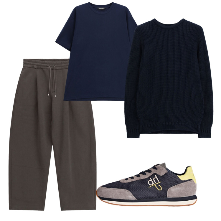 Outfit uomo - Ottobre. Stile Casual per Tutti i giorni. Abbinamento con sneakers, pantaloni, maglieria, t-shirt.