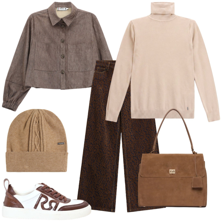 Outfit donna - Total look #2498820. Stile Casual chic per Tutti i giorni. Abbinamento con borse a mano, berretti, pantaloni a palazzo, cappotti, pullovers, sneakers.