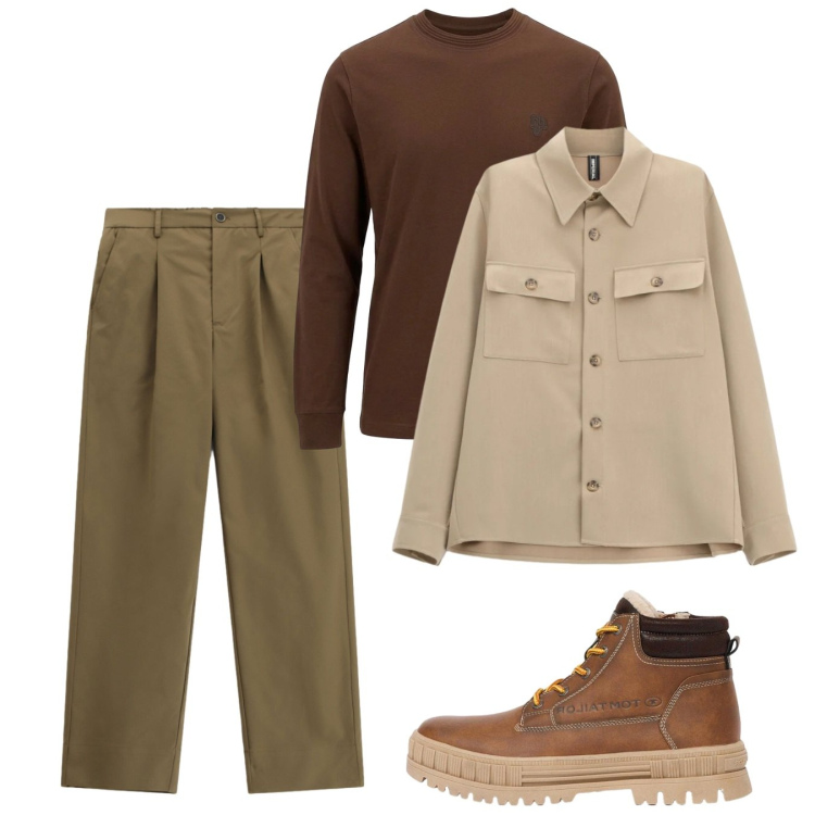 Outfit uomo - Ottobre. Stile Casual per Tutti i giorni. Abbinamento con t-shirt, cappotti, pantaloni, stivali e stivaletti.