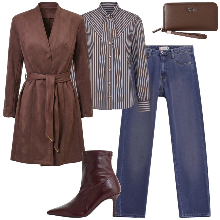 Outfit donna - City. Stile Casual chic per Tutti i giorni. Abbinamento con portafogli, camicie, stivaletti, jeans, trench.