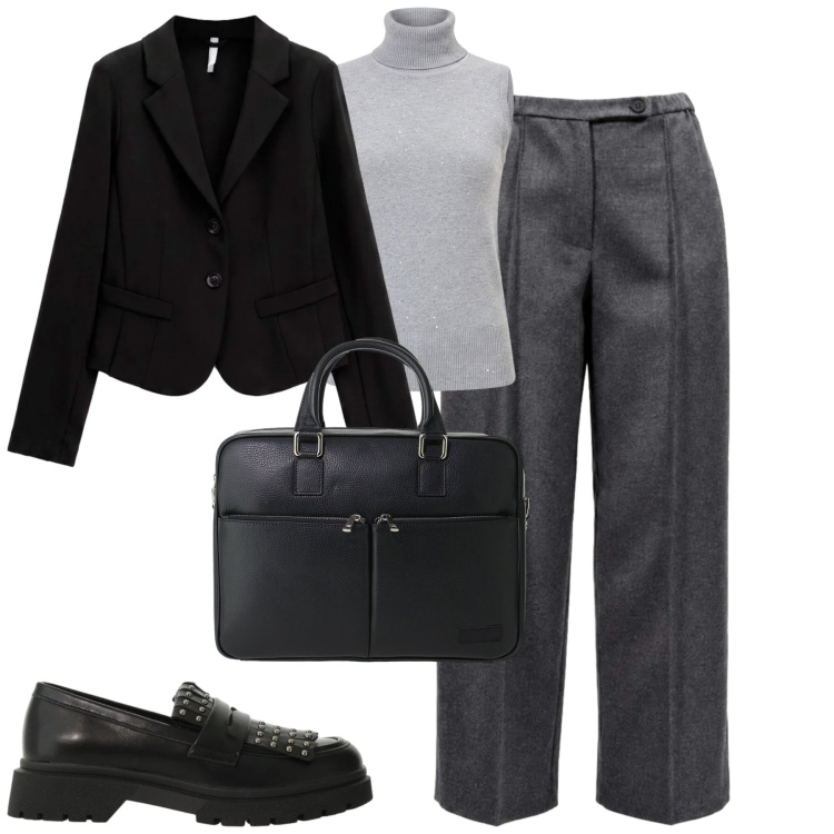 Outfit donna - In ufficio. Stile Chic per Ufficio. Abbinamento con pantaloni, borse messenger, blazer, mocassini, camicie a manica corta.