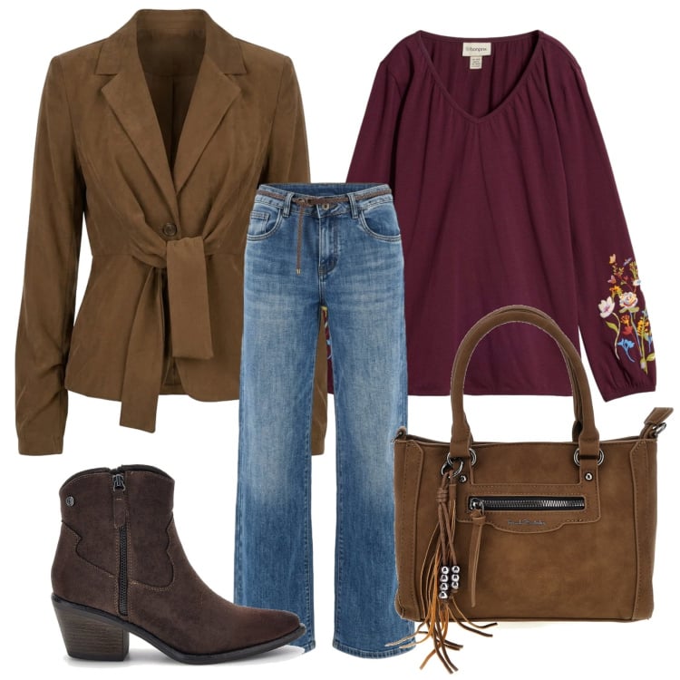 Outfit donna - Boho chic autunnale. Stile Boho per Tutti i giorni. Abbinamento con blazer, jeans, stivaletti texani, borse a mano, maglieria.