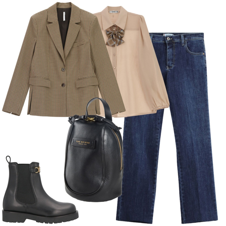 Outfit donna - City. Stile Casual chic per Tutti i giorni. Abbinamento con blazer, jeans slim fit, camicie, stivaletti chelsea, zaini.